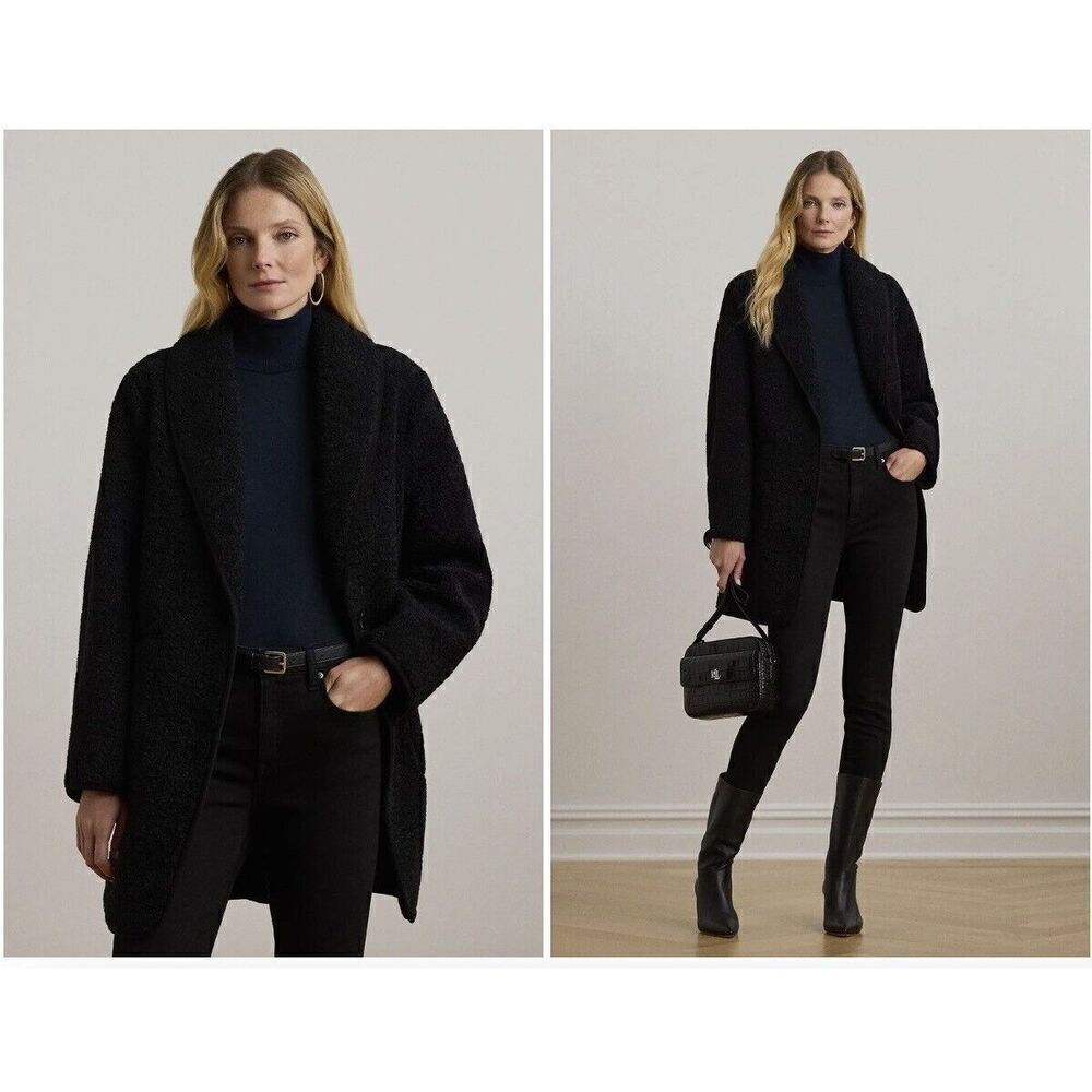 $240 New Lauren Ralph Lauren Shawl Collar Faux Shearling Coat in Black XL
